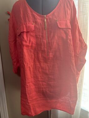 ELLEN TRACY Lightweight Coral Linen Zip-Front Ladies Top pockets 3x
